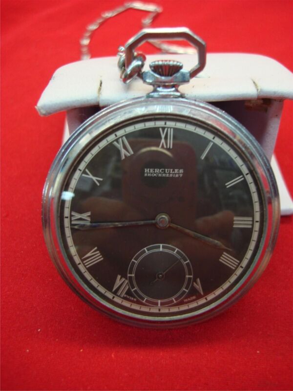 Vintage Hercules Shock Resist Pocket Watch – 15 Jewels, Open Face, 14″ Chain (Parts/Repair)
