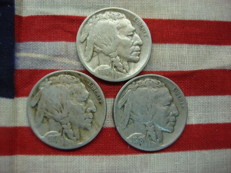 Set of three (3) United States Buffalo Nickels minted between 1916 and 1918.