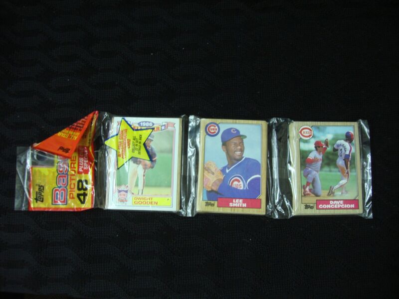 Factory sealed 1987 Topps Baseball Rack Pack featuring Roger Clemens, Dwight Gooden, and Lee Smith.