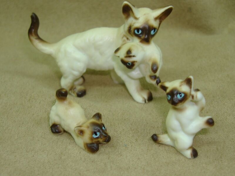Vintage bisque Siamese cat family set, mother cat and three kittens