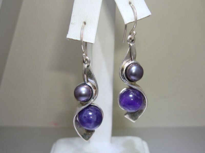 Artist-Signed Sterling Silver Amethyst & Cultured Pearl Dangle Earrings