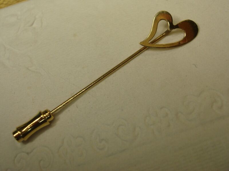 Vintage 14K gold open heart stick pin, mid-century modern jewelry