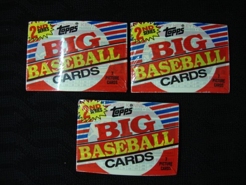 3 factory sealed 1988 Topps Big Baseball card cello packs featuring Rickey Henderson, Tony Gwynn, and Ken Griffey Sr.