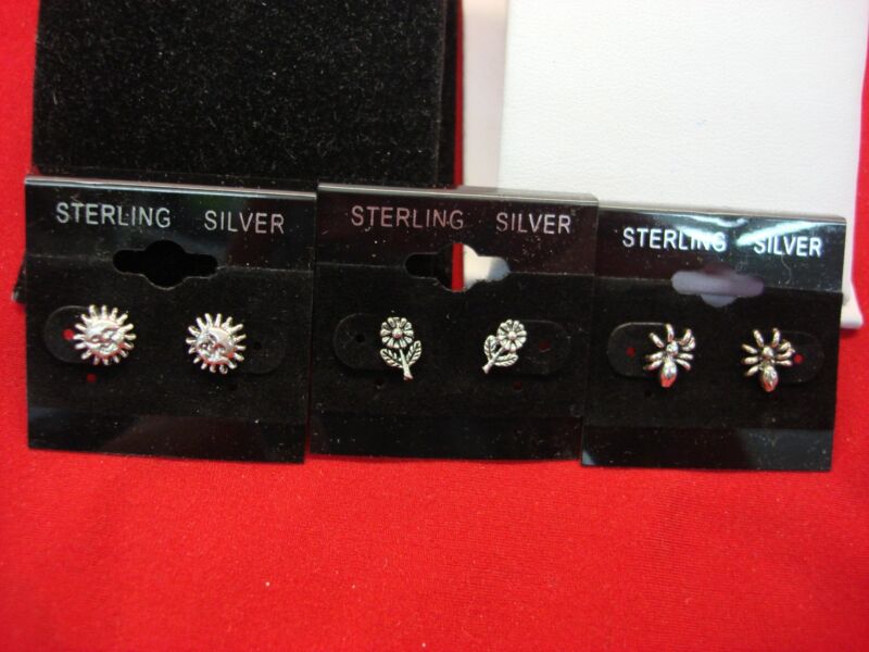 Sterling silver sunflower and spider stud earrings, set of three in small size