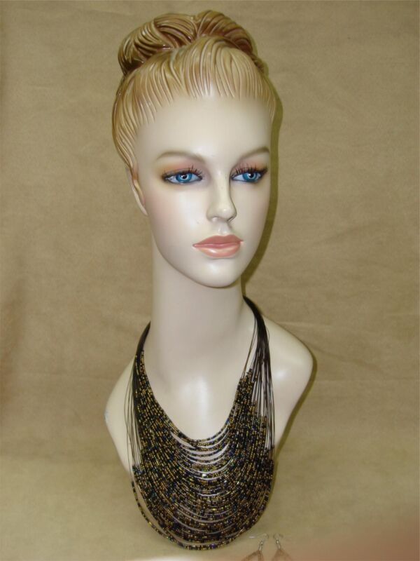 Vintage 1980s black and gold seed bead necklace and earring set with 48 strands