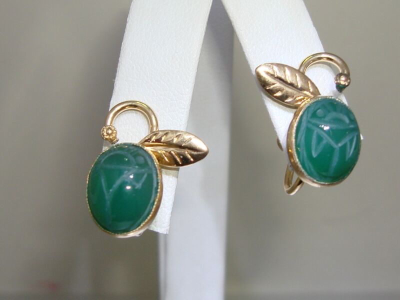 Vintage 1960s AMCO gold-filled chrysoprase scarab earrings
