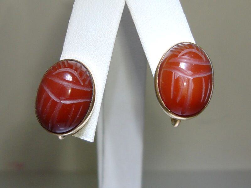 Vintage gold-filled carved carnelian scarab earrings, 12K GF