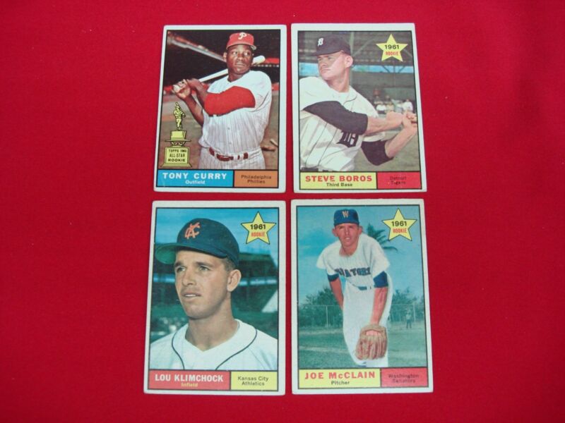 Vintage 1961 Topps Baseball Cards featuring Tony Curry #262, Steve Boros #348, Lou Klimchock #462, and Joe McClain #488