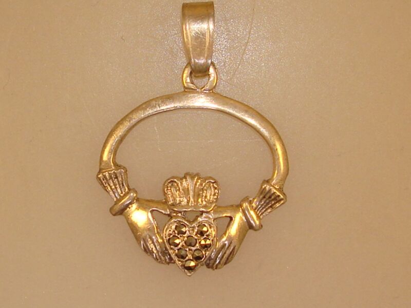 Vintage Irish sterling silver and marcasite claddagh heart pendant, hallmarked