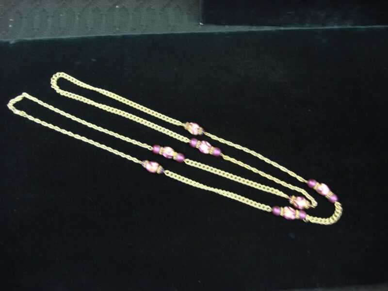 Vintage Coro art glass bead necklace with purple and gold tones, 1960s-70s