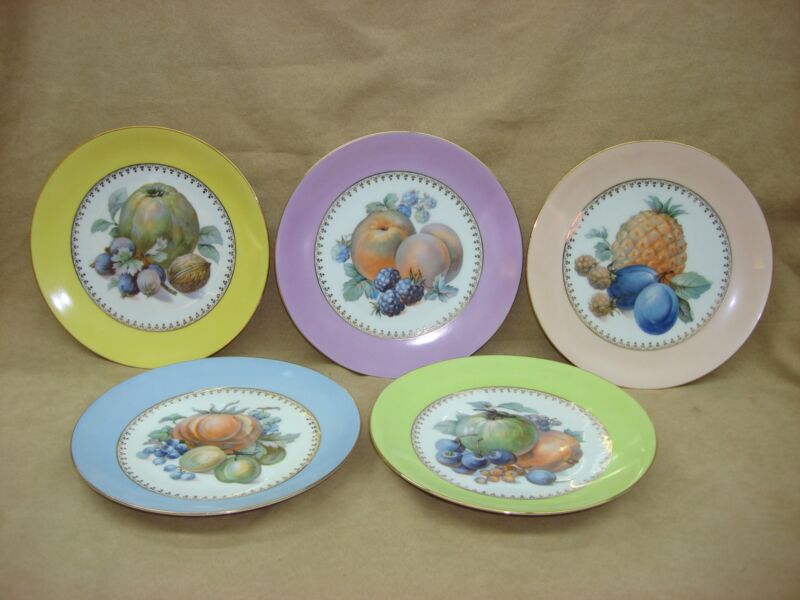 Set of 5 vintage Puls Czechoslovakia luncheon plates with pastel fruit motifs and gold trim