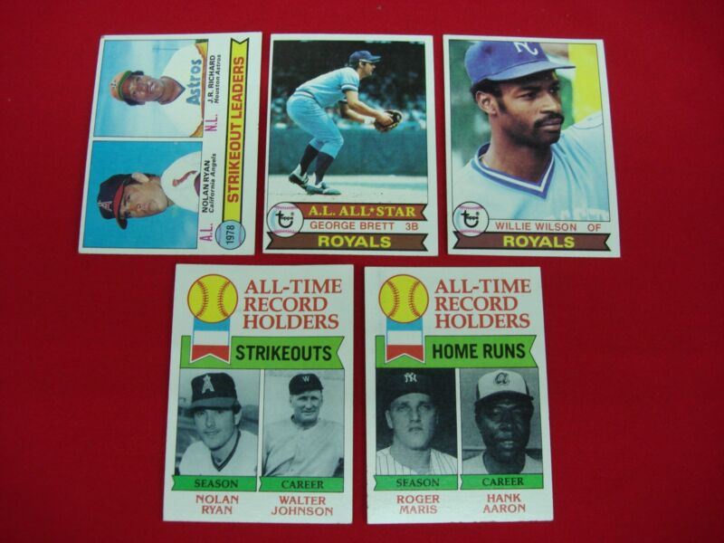 Vintage 1979 Topps Baseball Card Lot featuring Nolan Ryan, George Brett, Roger Maris, Hank Aaron, and Walter Johnson