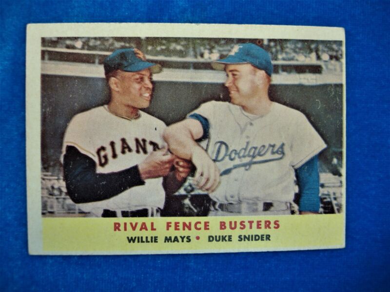 1958 Topps #436 Rival Fence Busters baseball card featuring Willie Mays and Duke Snider