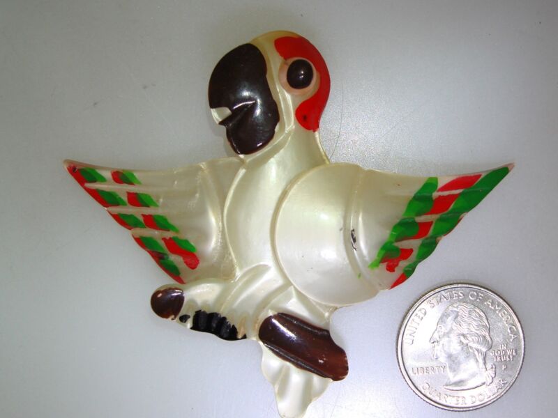 Vintage 1940s lucite parrot pin brooch, rare reverse carved design