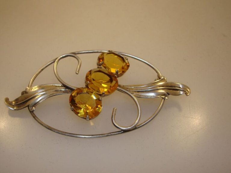 Antique Art Nouveau Sterling Silver Citrine Glass Brooch
