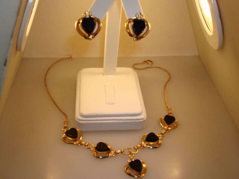 Vintage 1940s-50s Gold Filled Heart Necklace & Earrings Set