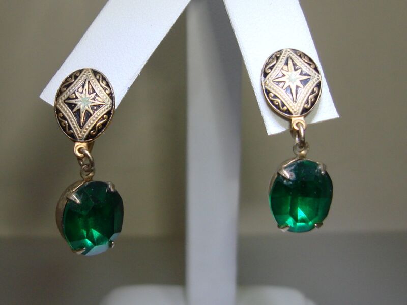 Vintage Spain Damascened Rhinestone Dangle Earrings (1940s-50s)