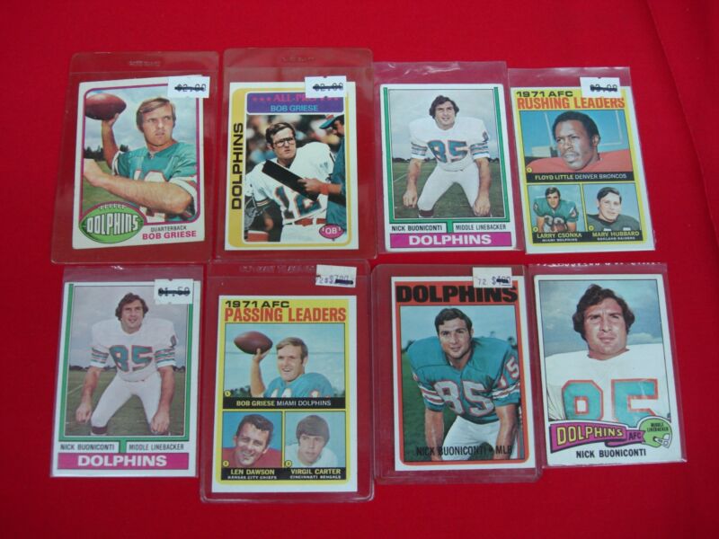 Vintage Miami Dolphins football card lot featuring Bob Griese and Nick Buoniconti