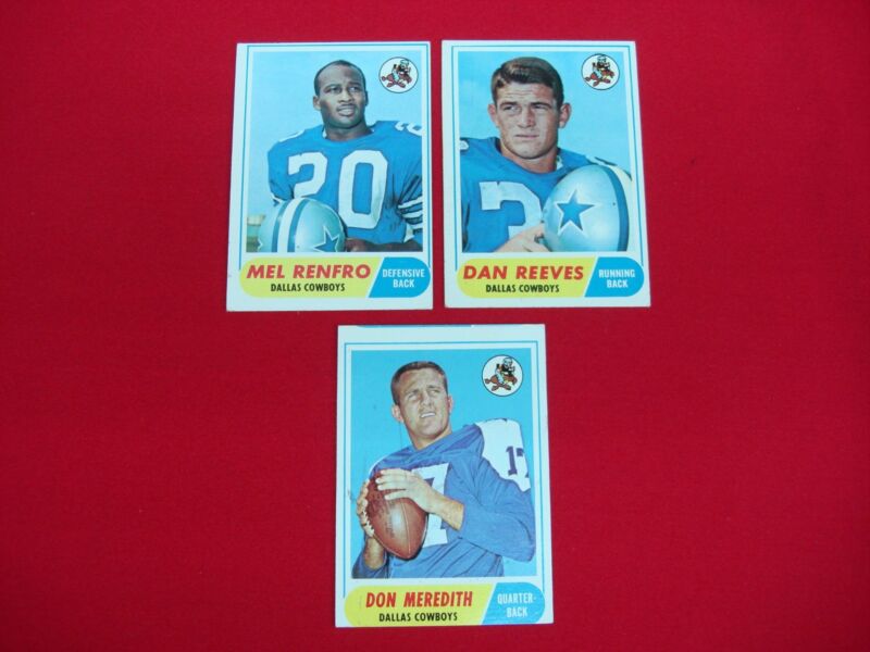 1968 Topps Dallas Cowboys football card lot featuring Mel Renfro, Dan Reeves, and Don Meredith