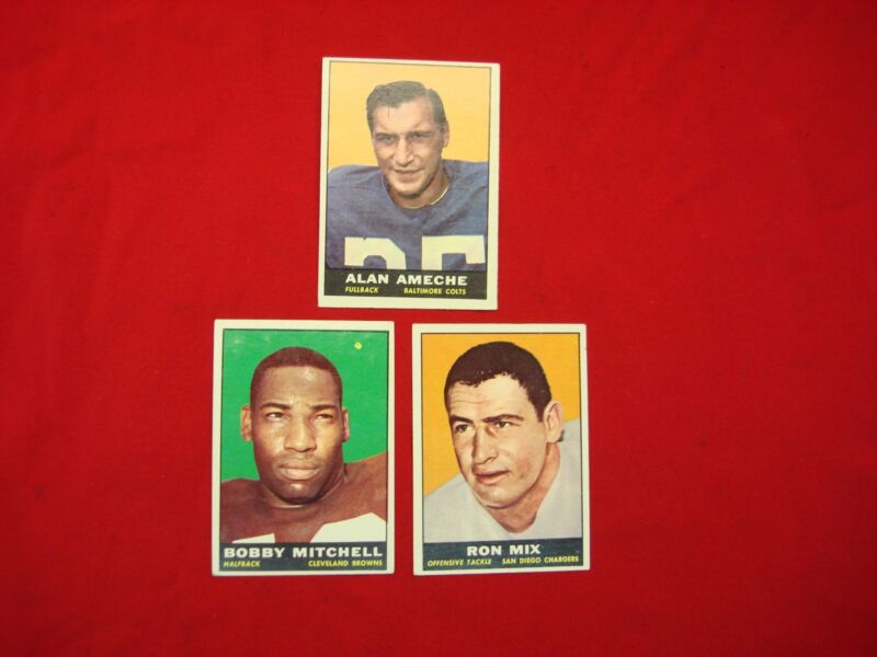 Vintage 1961 Topps Football Semi-Stars Lot featuring Alan Ameche, Bobby Mitchell & Ron Mix