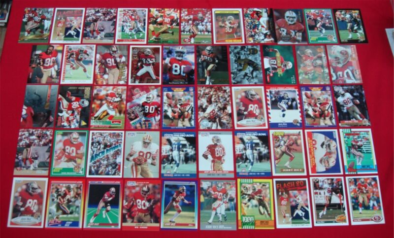 Jerry Rice football card lot of 50 cards featuring vintage and modern designs