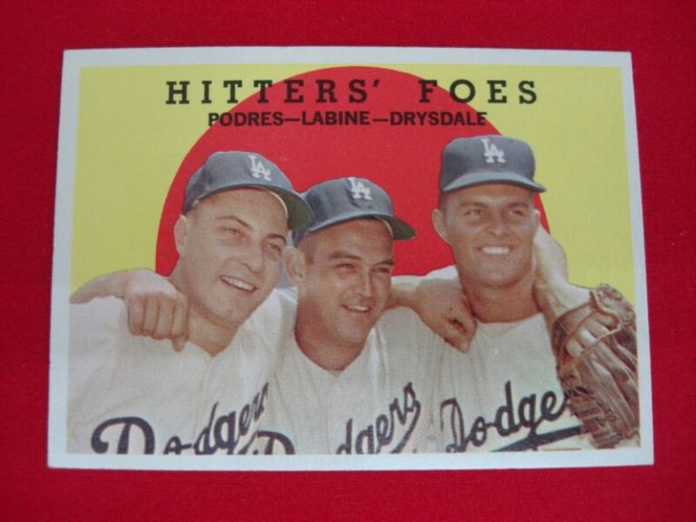 1959 Topps #262 Hitters' Foes Dodgers Legends Podres, Labine & Drysdale baseball card