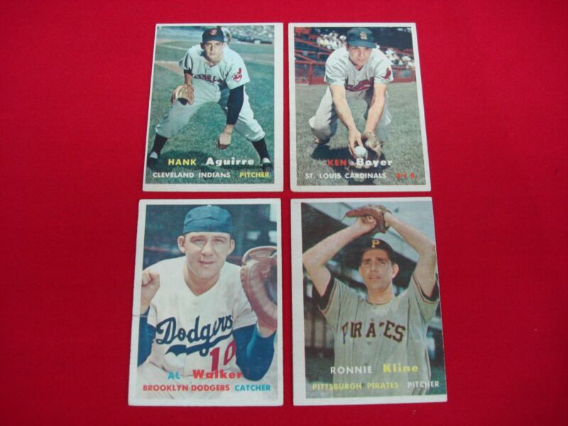 Vintage 1957 Topps baseball card lot featuring four unique players