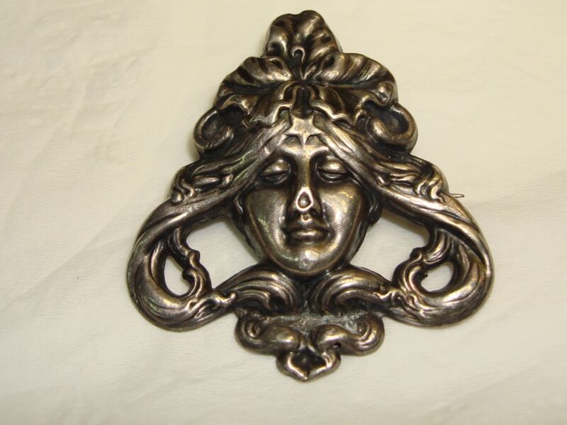Antique Art Nouveau Sterling Silver Pin Brooch - Charming Maiden Design