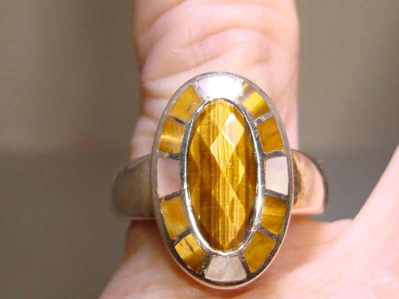 Whitney Kelly Sterling Silver Tiger's Eye Ring with Mother-of-Pearl Accents, Size 7