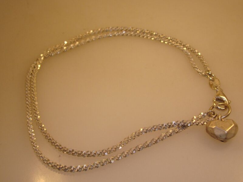 Sterling silver ankle bracelet with double sparkle chain and heart charm