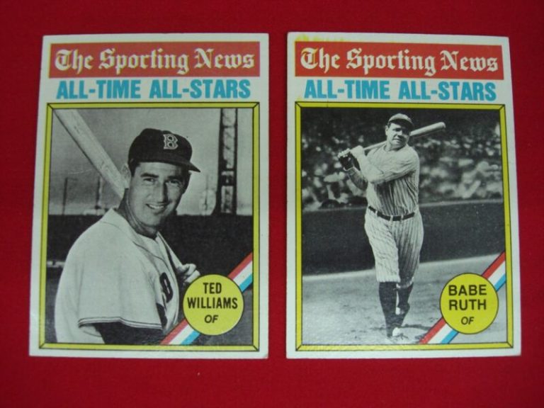 Vintage 1976 Topps The Sporting News All-Time All-Stars baseball cards featuring Ted Williams and Babe Ruth.
