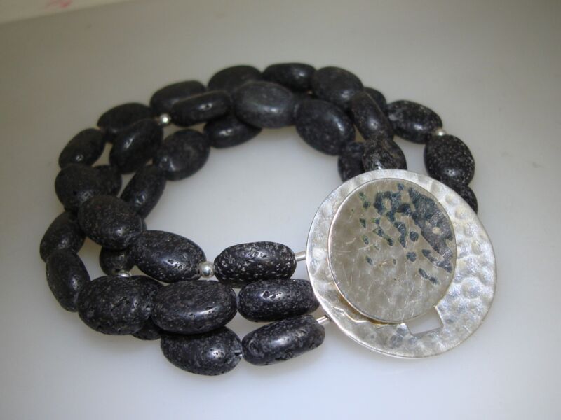 Sterling silver lava rock bracelet with unique design, Siplada hallmark
