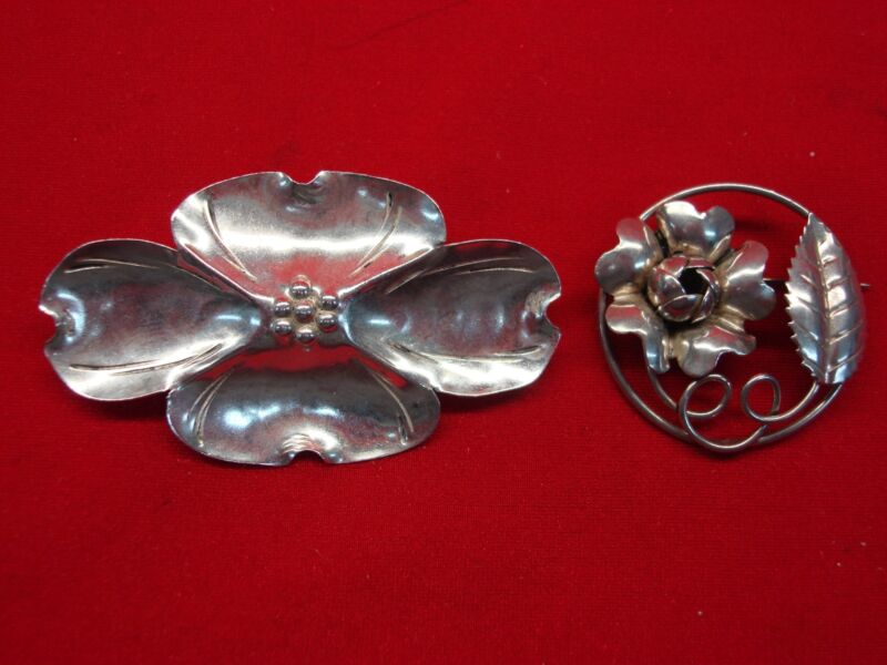 Vintage sterling silver floral pins set of two
