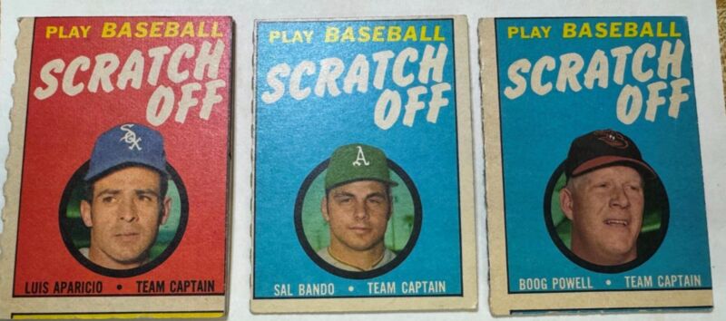Three vintage 1970 Topps Scratch Off baseball cards featuring Powell, Bando, and Aparicio