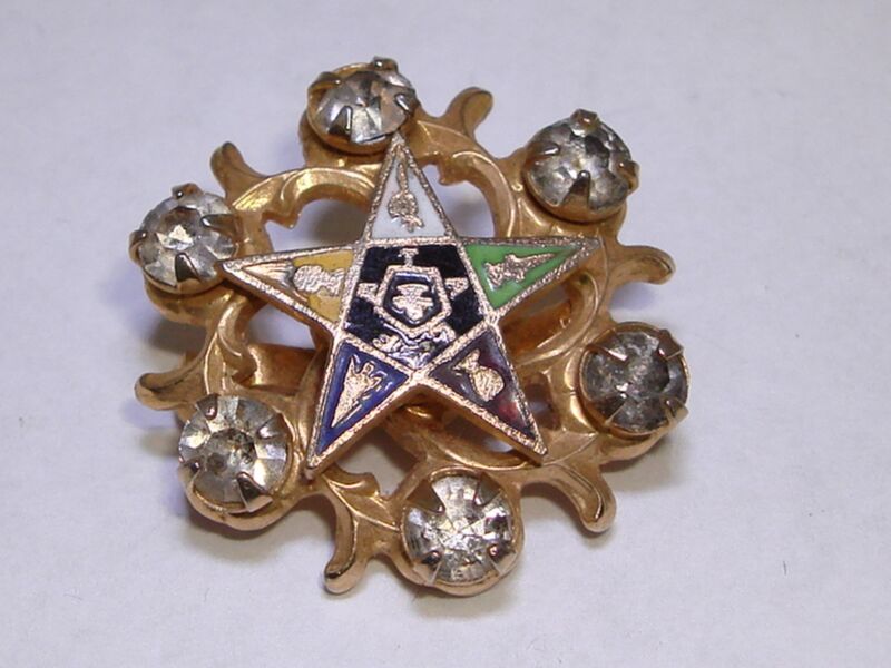 Vintage 1930s-40s gold tone Eastern Star brooch with rhinestones and enamel