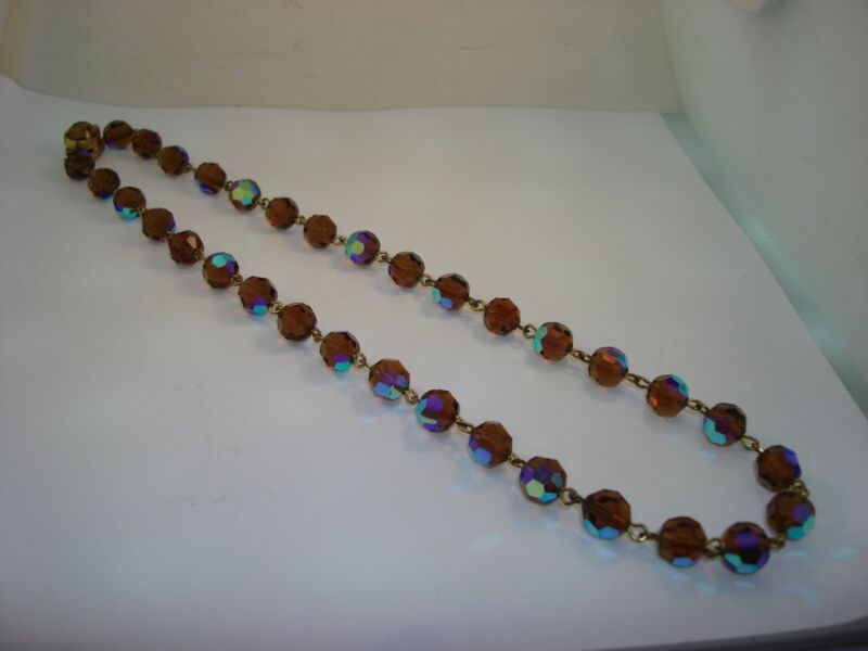 1970s Aurora Borealis beaded choker necklace with purple amber facets and gold clasp