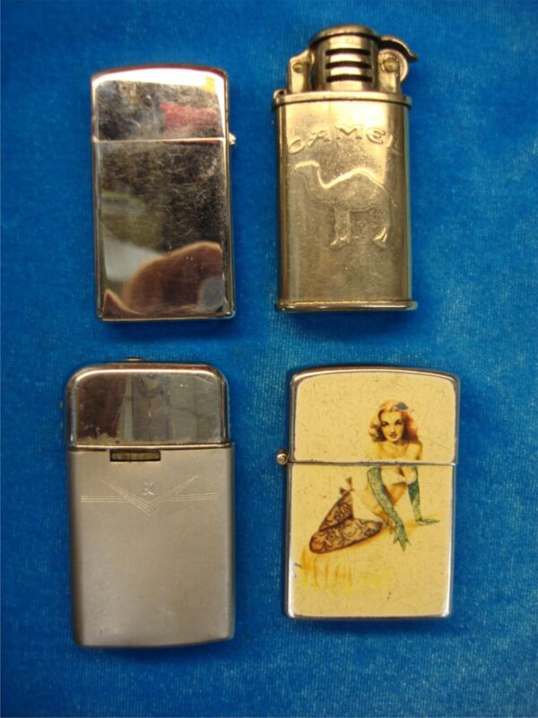 Vintage lighter lot of four (4) including a working Zippo, for restoration or parts