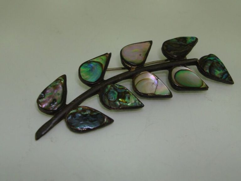 Vintage 1940s Mexican Sterling Silver Abalone Leaf Pin