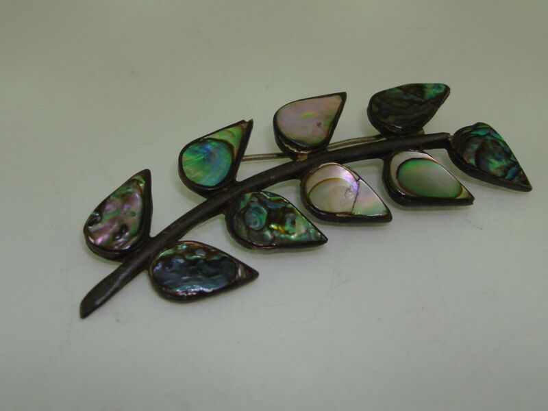 Vintage 1940s Mexican Sterling Silver Abalone Leaf Pin