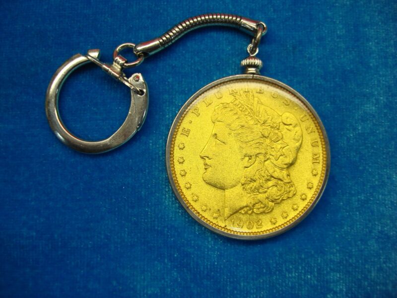 Vintage 1902 Morgan Silver Dollar Keychain with Enameled Eagle and Gold Wash