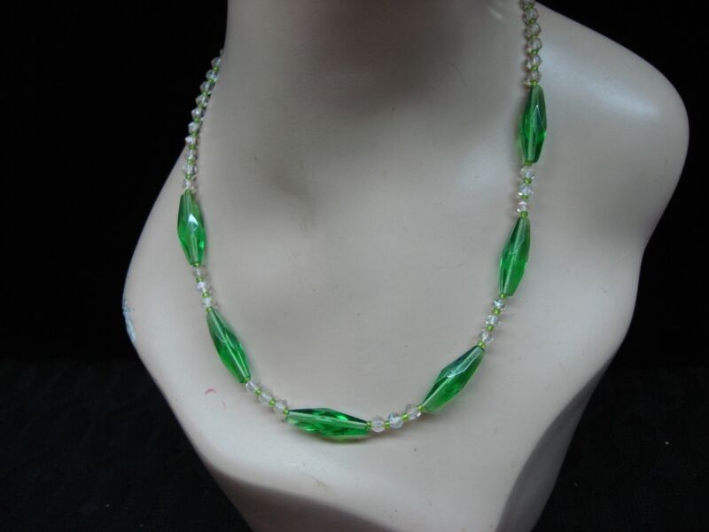 Art Deco glass bead necklace with green and clear beads, estate find (20 inches)