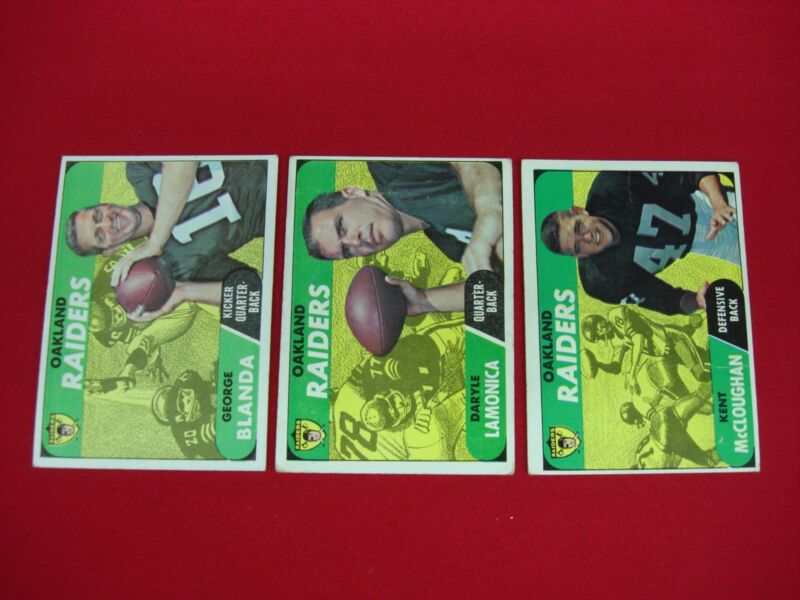 Vintage 1968 Topps Oakland Raiders Football Cards featuring George Blanda, Daryle Lamonica, and Kent McCloughan