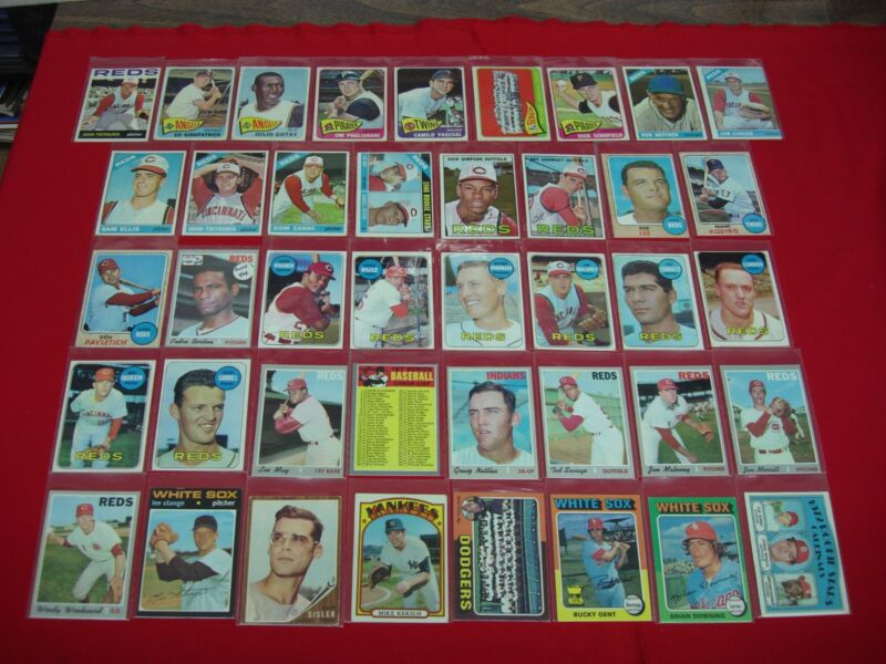 Vintage Topps baseball cards from 1964 to 1975, including a checklist card.