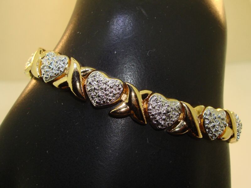 Gold vermeil sterling silver heart tennis bracelet with accent diamonds, near mint