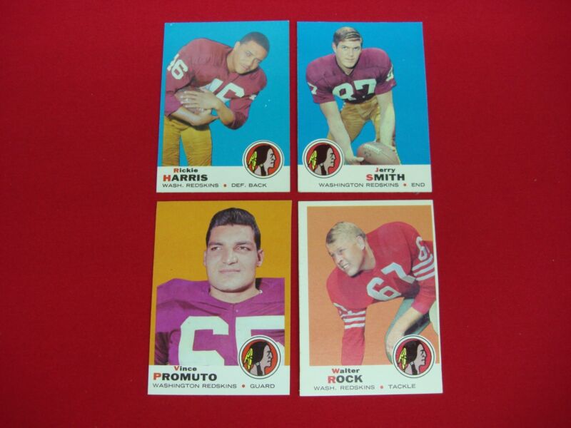 Set of four 1969 Topps Football cards featuring the Washington Redskins