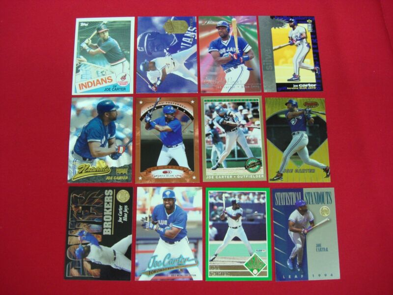 Joe Carter baseball card lot of 12, featuring early career cards, inserts, parallels, premiums, and foils.