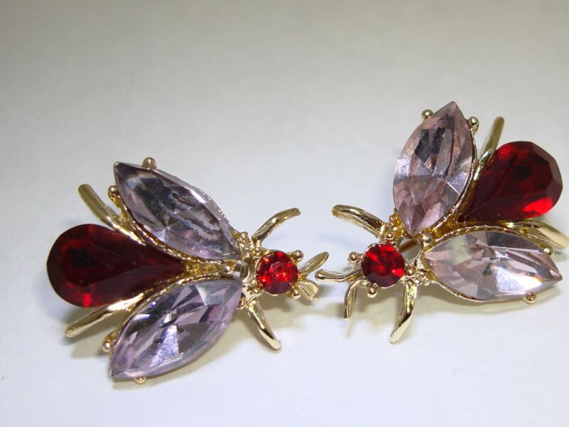 Vintage pair of Dodd's rhinestone bug scatter pins in purple and red