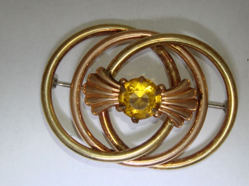 Vintage Krementz rose and yellow gold filled pin with citrine fleur-de-lis