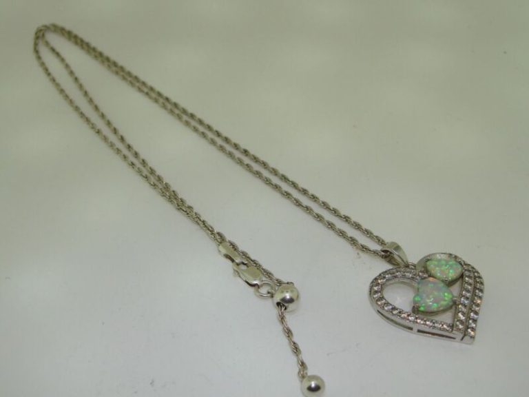 Sterling silver opal and CZ heart pendant necklace