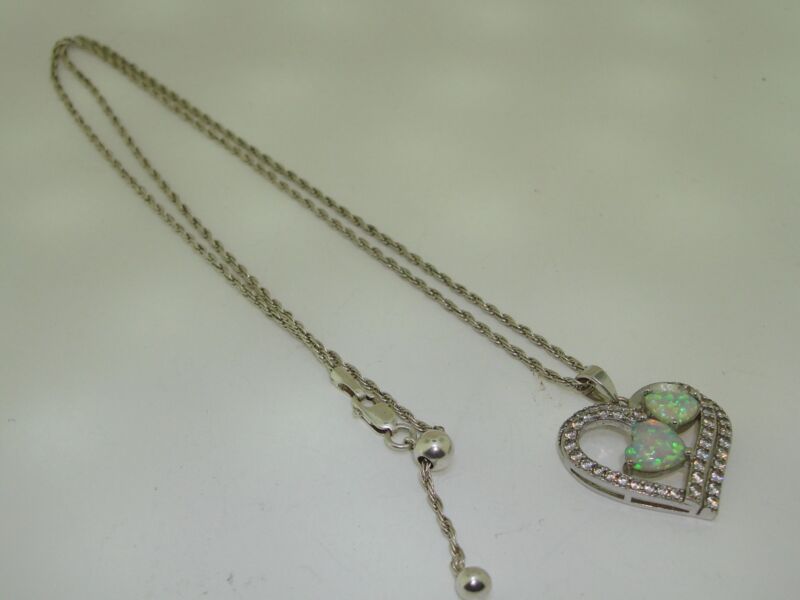 Sterling silver opal and CZ heart pendant necklace